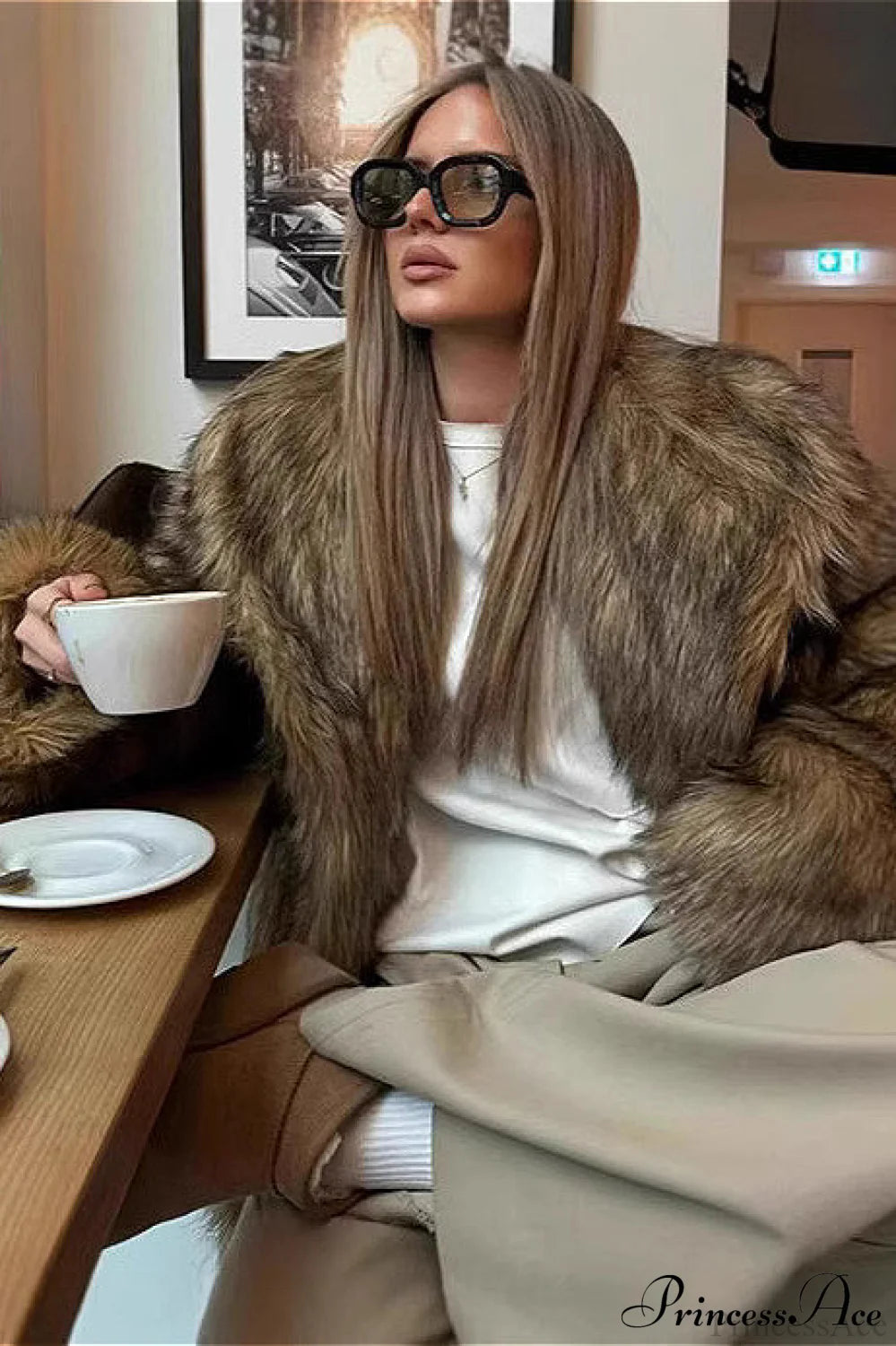 Faux Fur Lapel Warm Winter Coat Brown / S