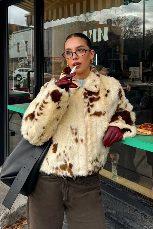 Faux Fur Leopard Print Fuzzy Warm Coat Off-white / S
