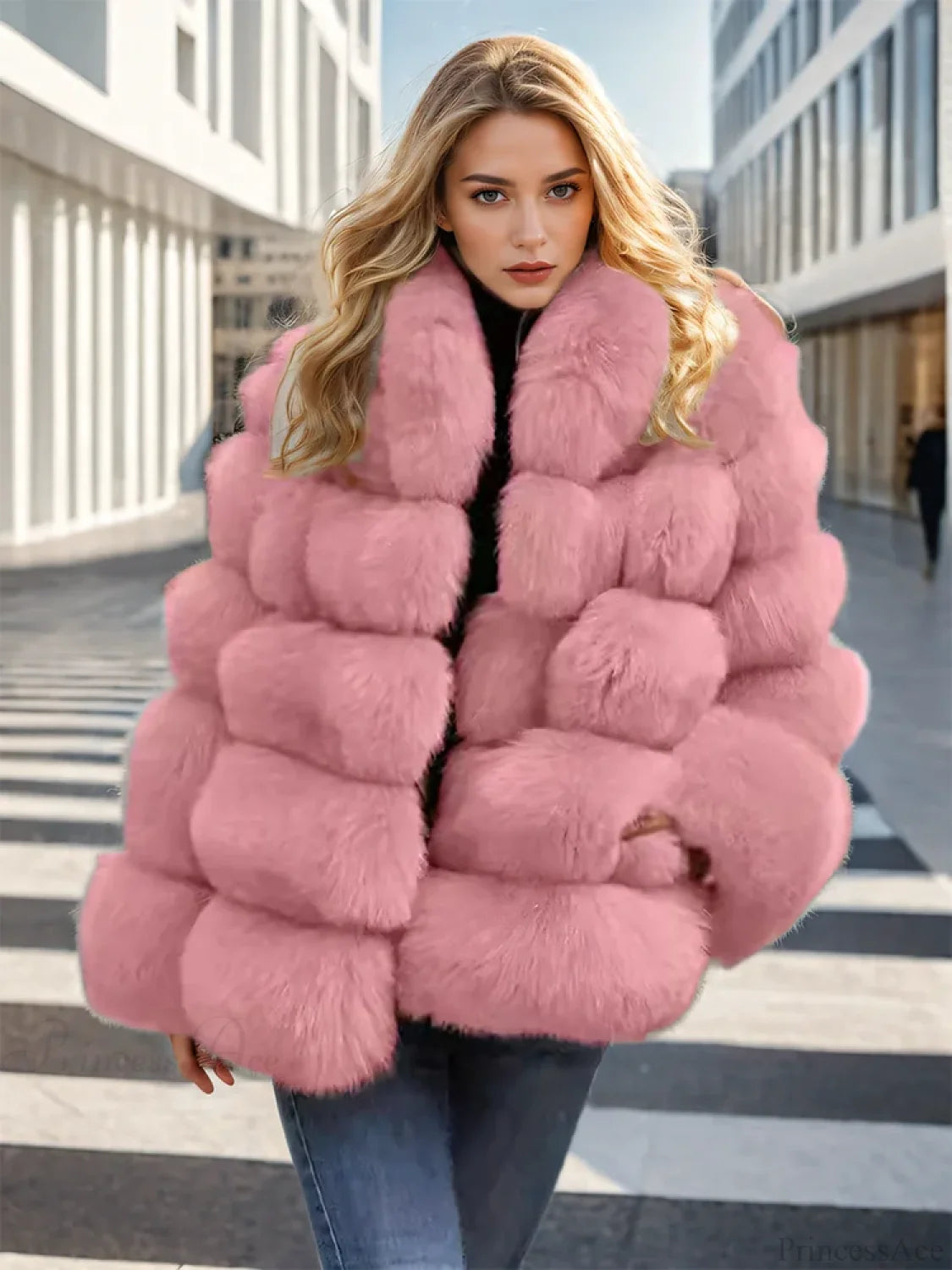 Faux Fur Patchwork Rabbit Fur Overcoat Pink / S