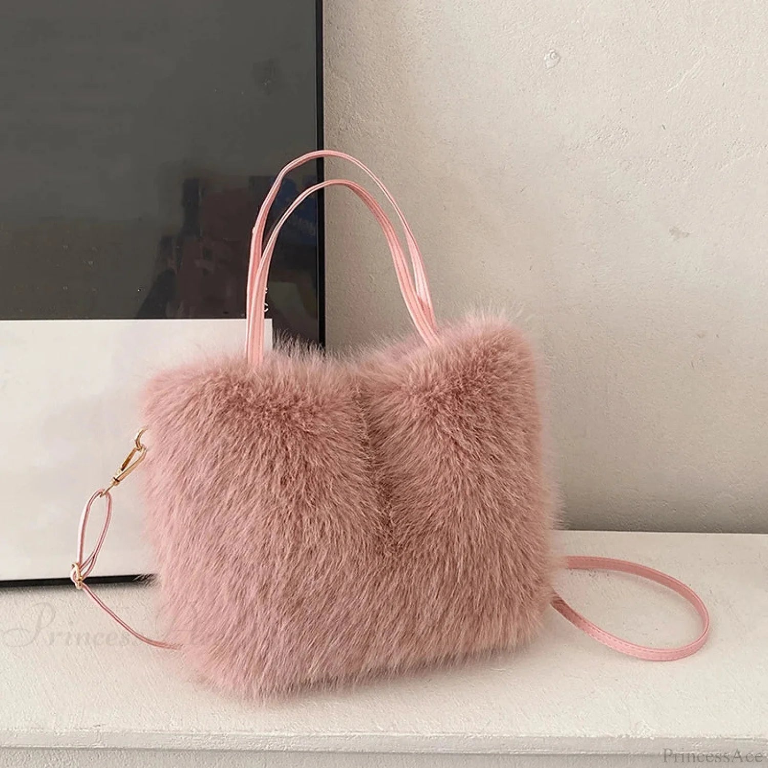 Faux Fur Plush Bucket Tote Winter Crossbody Shoulder Handbag Pink handbag-250126