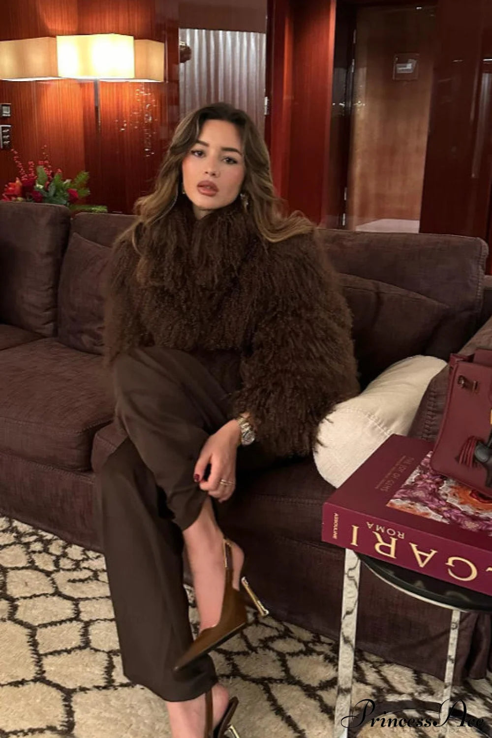 Faux Fur Shearling Short Cardigan Jacket Coat Brown / XS