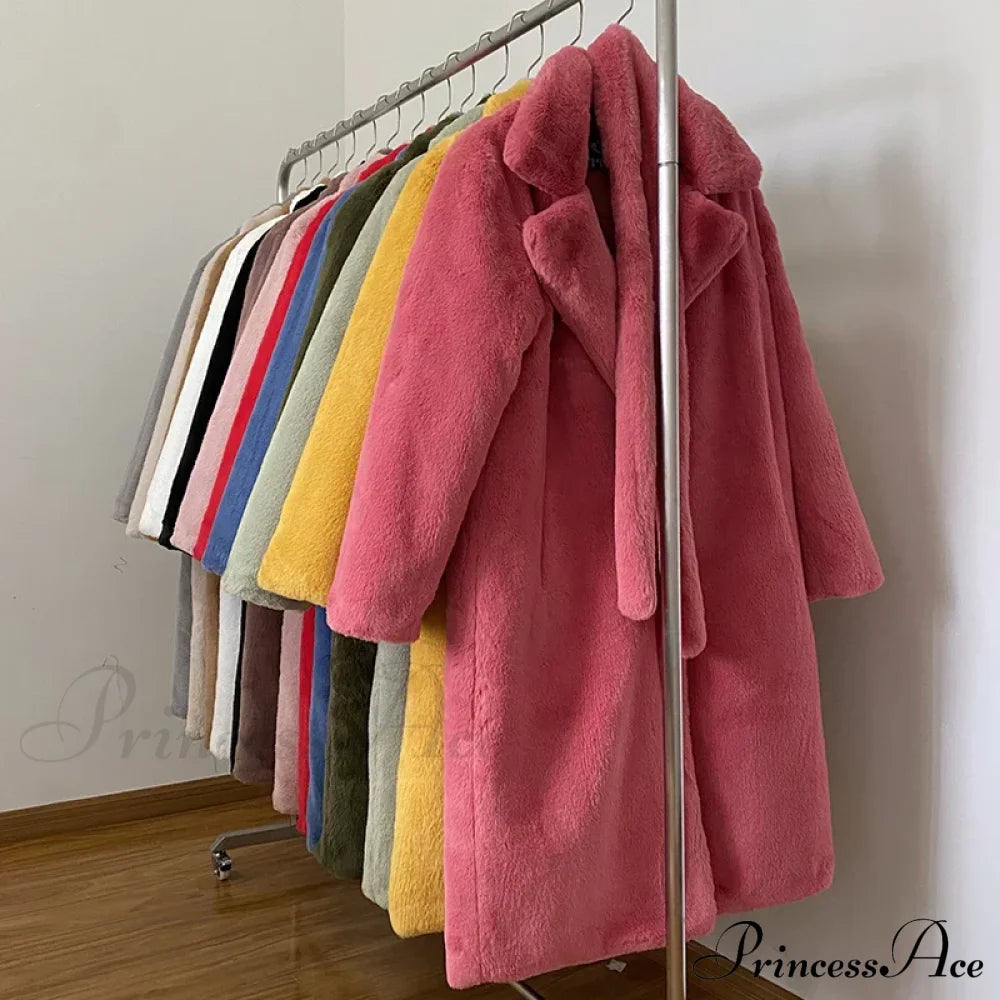 Faux Fur Stylish Long Belted Coat Coats-L