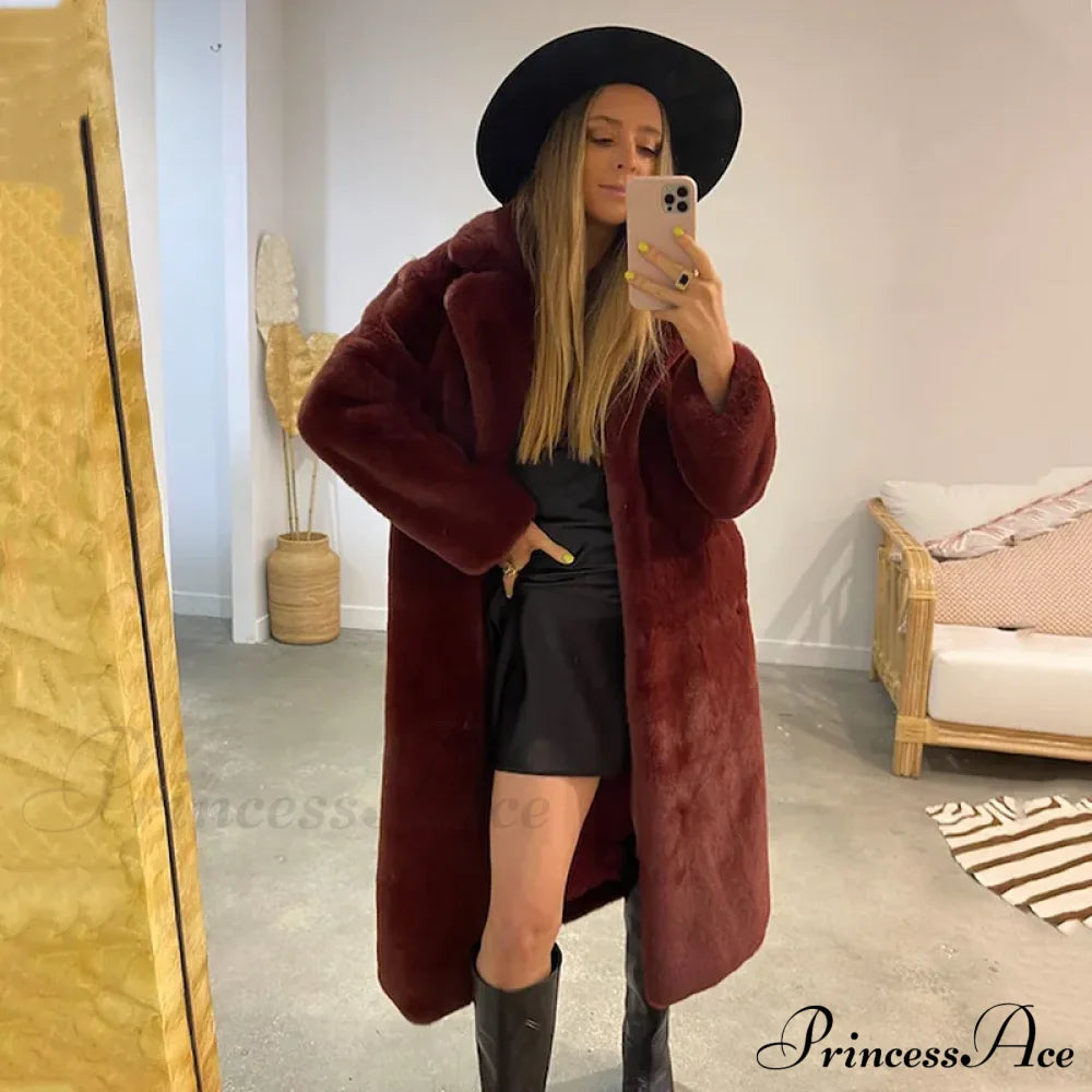 Faux Fur Stylish Long Belted Coat Coats-L