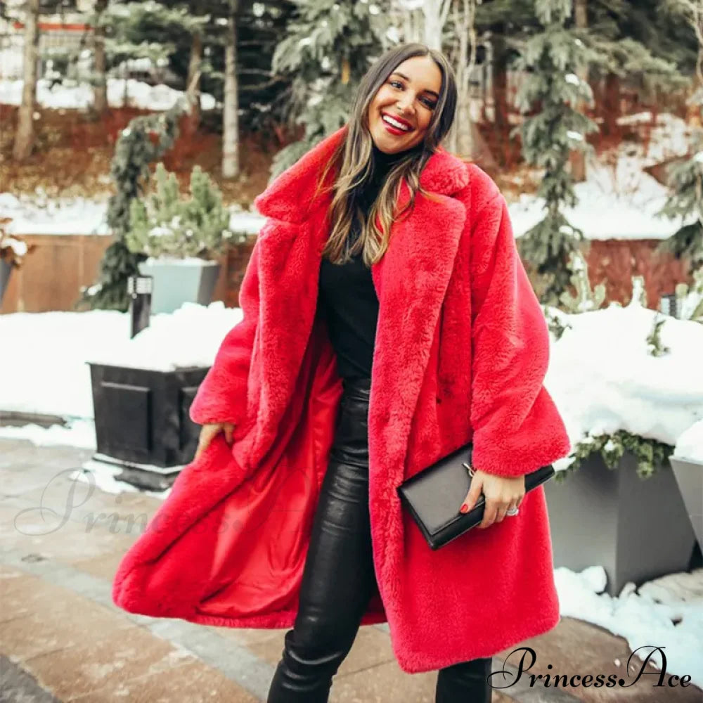 Faux Fur Stylish Long Belted Coat Coats-L