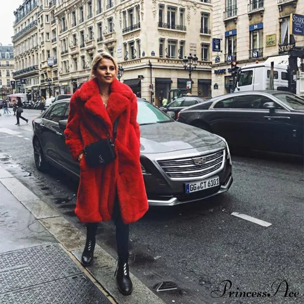 Faux Fur Stylish Long Belted Coat Coats-L