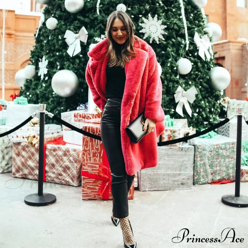 Faux Fur Stylish Long Belted Coat Coats-L