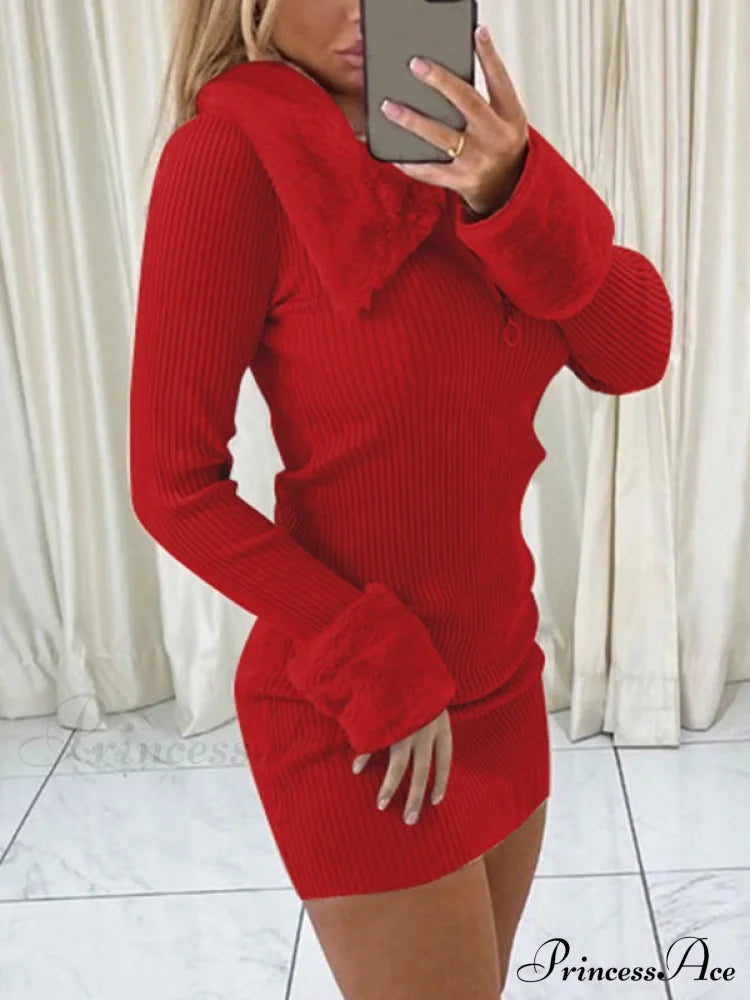 Faux Fur Trim Rib Modern Knit Long Sleeve Mini Dress Dresses