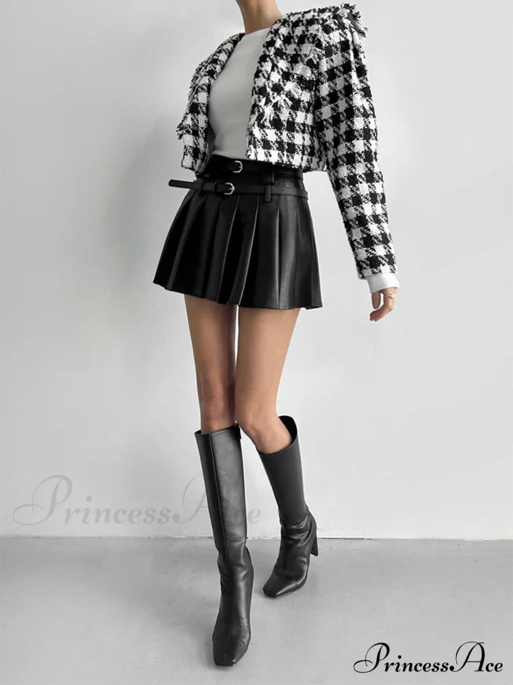 Faux Leather Belt Trendy Pleated Short Skirt Skirts