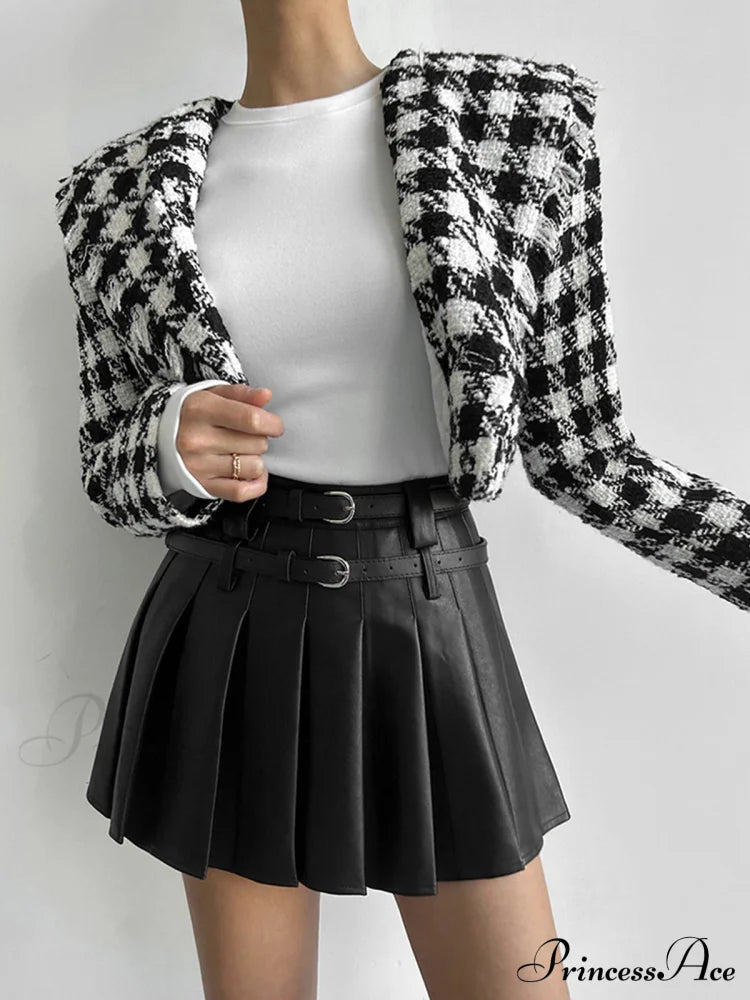 Faux Leather Belt Trendy Pleated Short Skirt Skirts