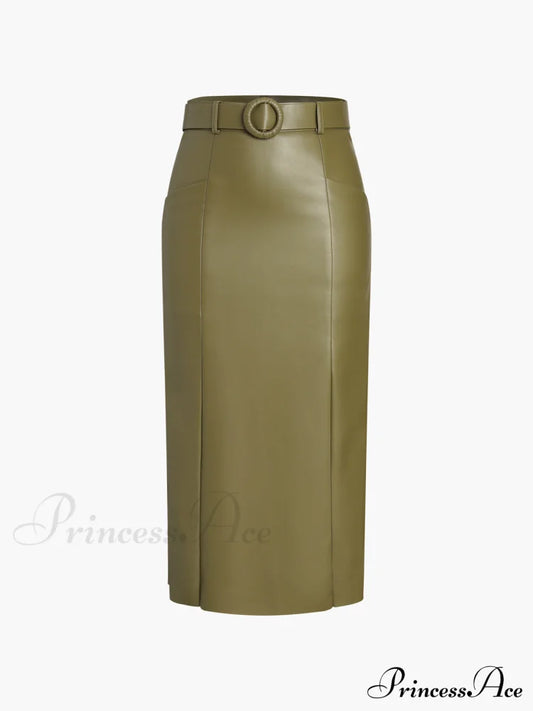 Faux Leather Belted Trendy Split Midi Skirt Armygreen / Xs Skirts