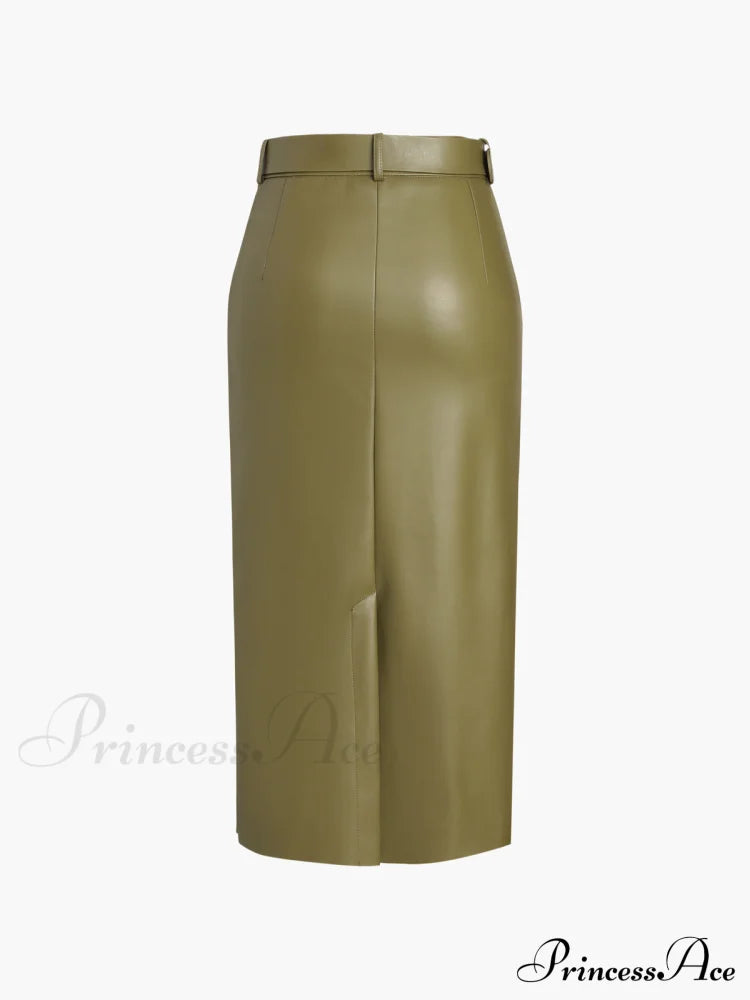 Faux Leather Belted Trendy Split Midi Skirt Skirts