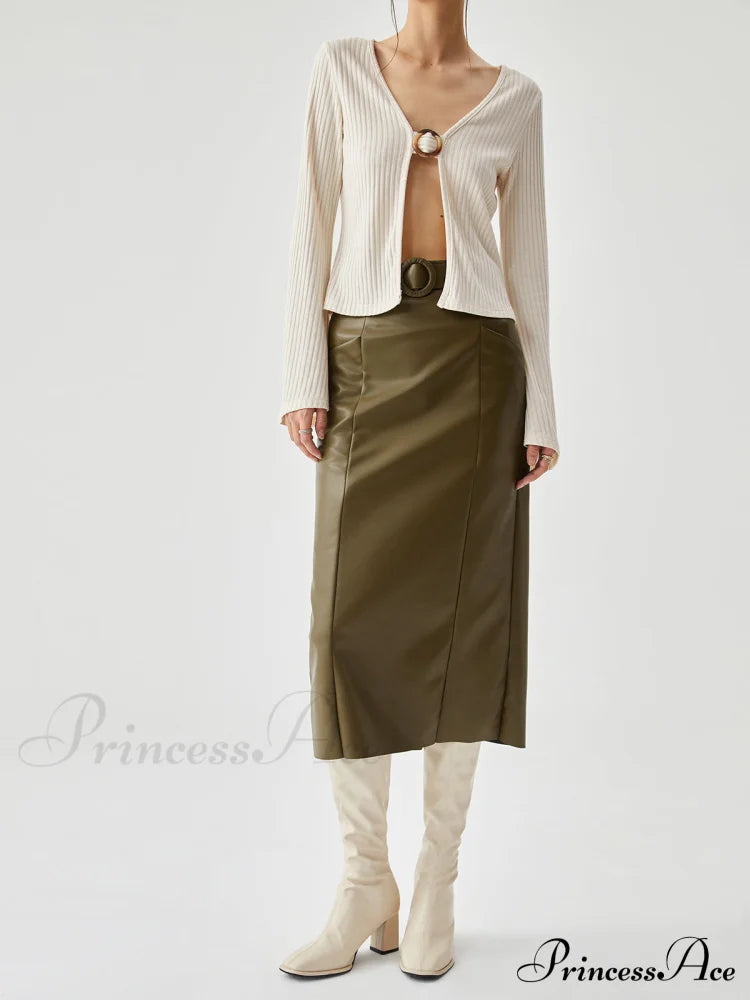 Faux Leather Belted Trendy Split Midi Skirt Skirts