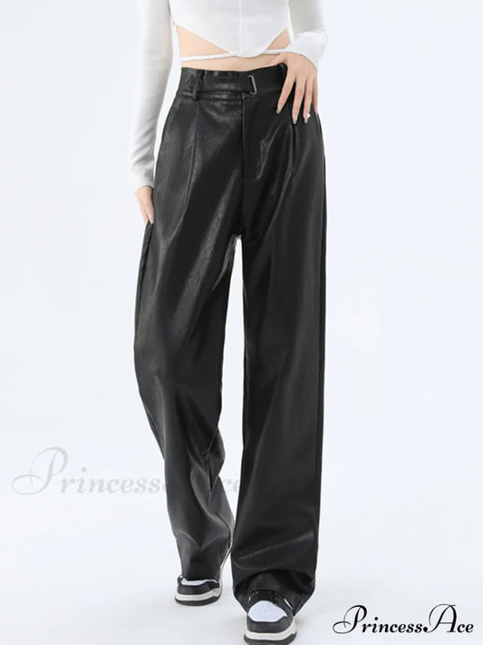 Faux Leather Graceful Straight Leg Pants Black / Xs