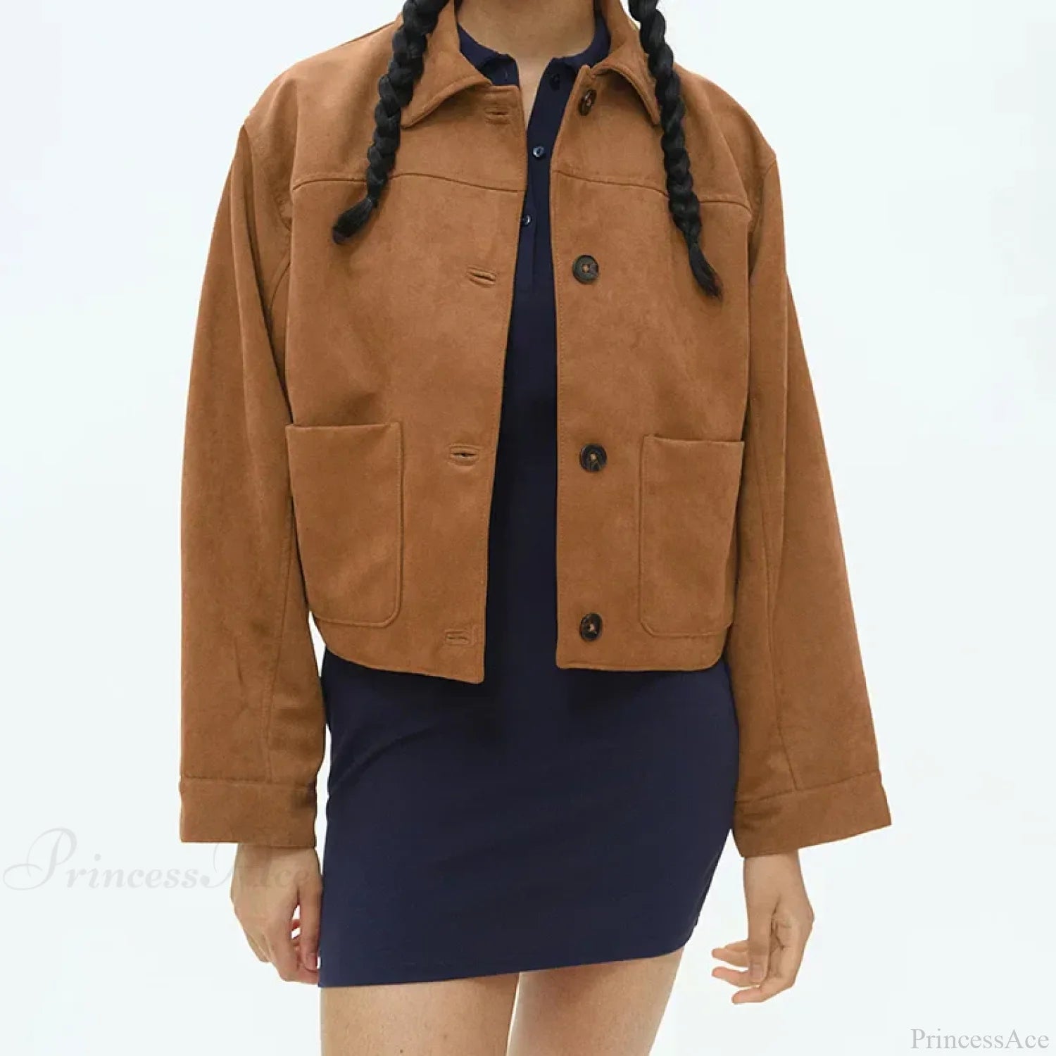 Faux Leather Lapel Double-Breasted Overcoat brown1 / S