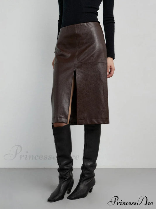 Faux Leather Midi Trendy Waist Split Skirt Brown / Xs Skirts