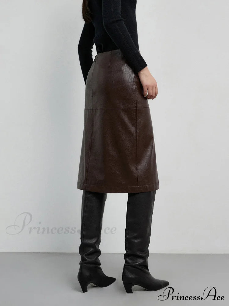 Faux Leather Midi Trendy Waist Split Skirt Skirts