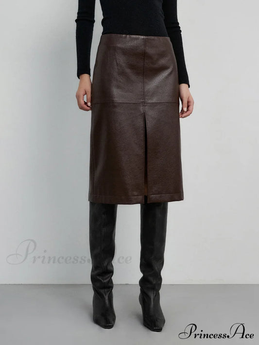 Faux Leather Midi Trendy Waist Split Skirt Skirts