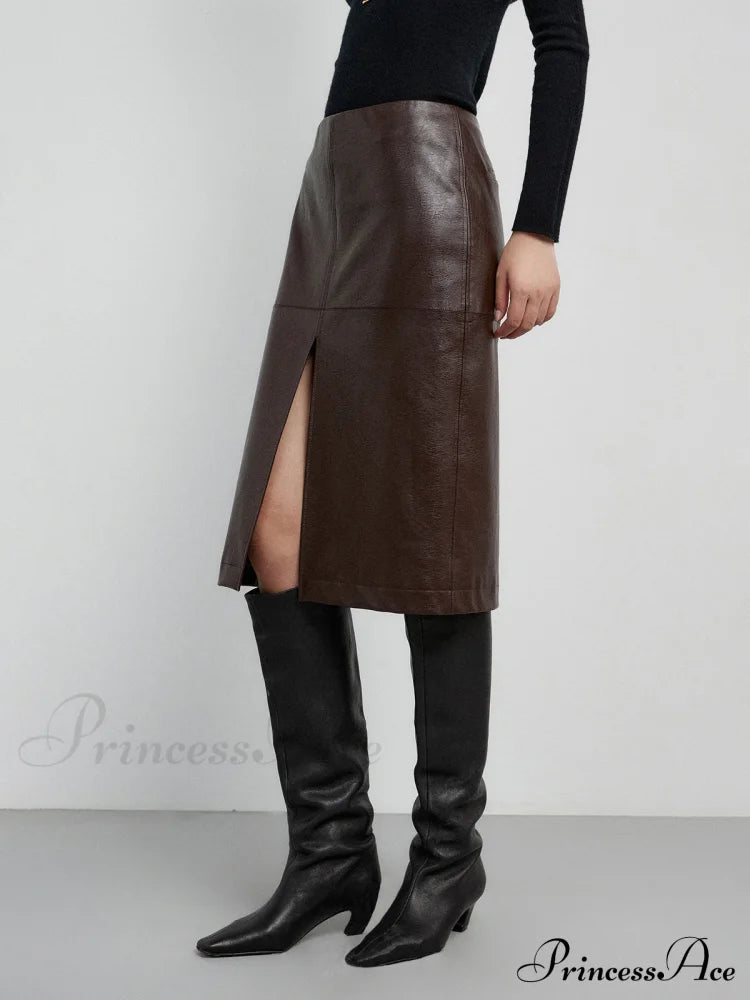 Faux Leather Midi Trendy Waist Split Skirt Skirts