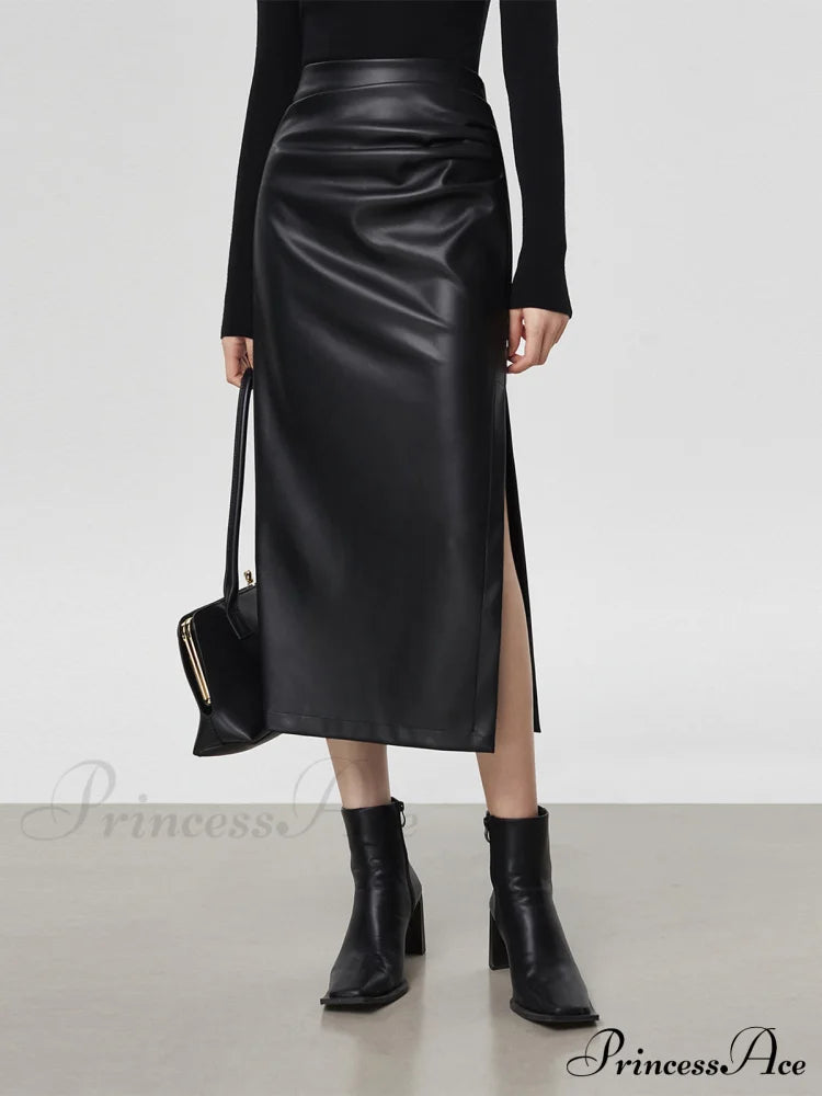 Faux Leather Ruched Trendy Slit Midi Skirt Black / Xs Skirts