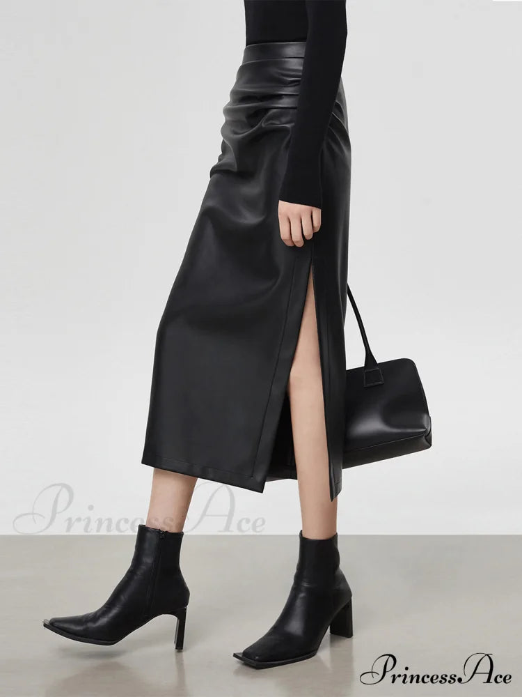 Faux Leather Ruched Trendy Slit Midi Skirt Skirts