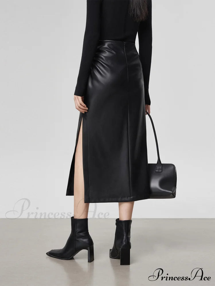 Faux Leather Ruched Trendy Slit Midi Skirt Skirts