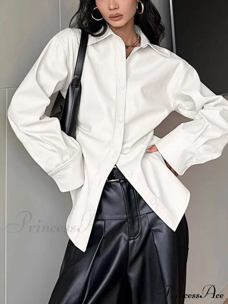 Faux Leather Solid Trendy Collar Button Down Shirt Off-White / Xs Shirts