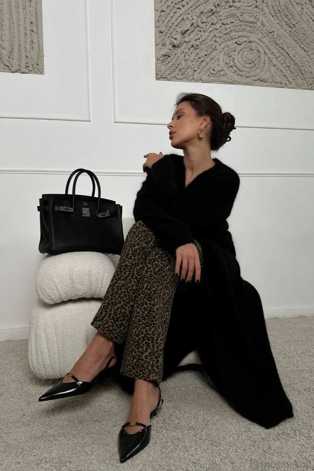 Faux Mink Fur Knit Plush Relaxed Longline Overcoat Black / S