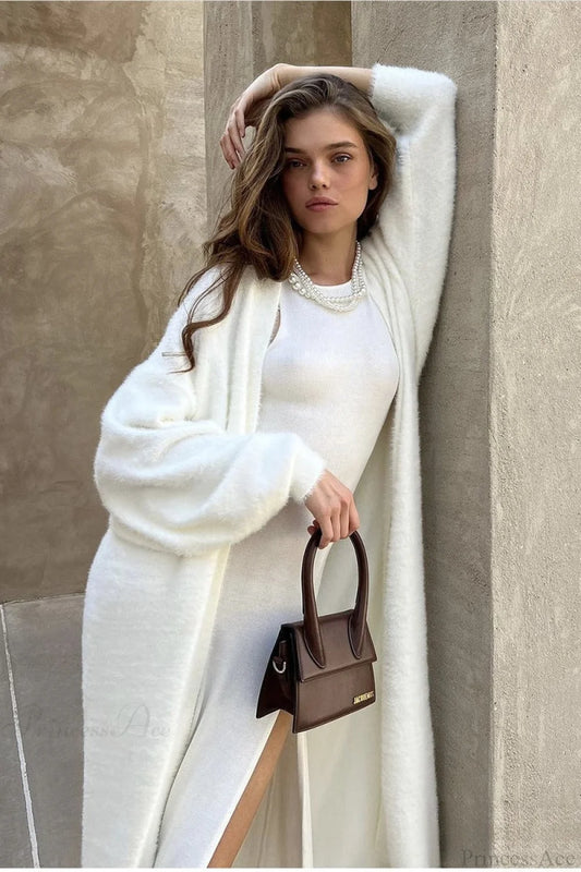 Faux Mink Fur Knit Plush Relaxed Longline Overcoat White / S