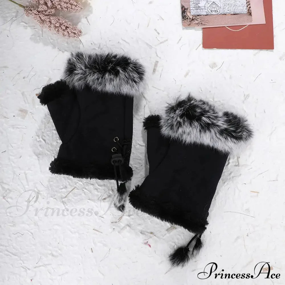 Faux Rabbit Fur Fingerless Winter Warmer Gloves Black / One Size Gloves-L