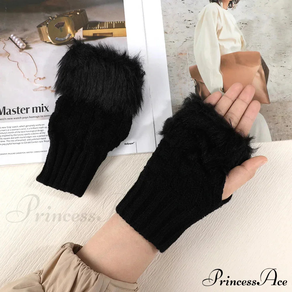 Faux Rabbit Fur Fingerless Winter Warmer Gloves Black / One Size Gloves-L