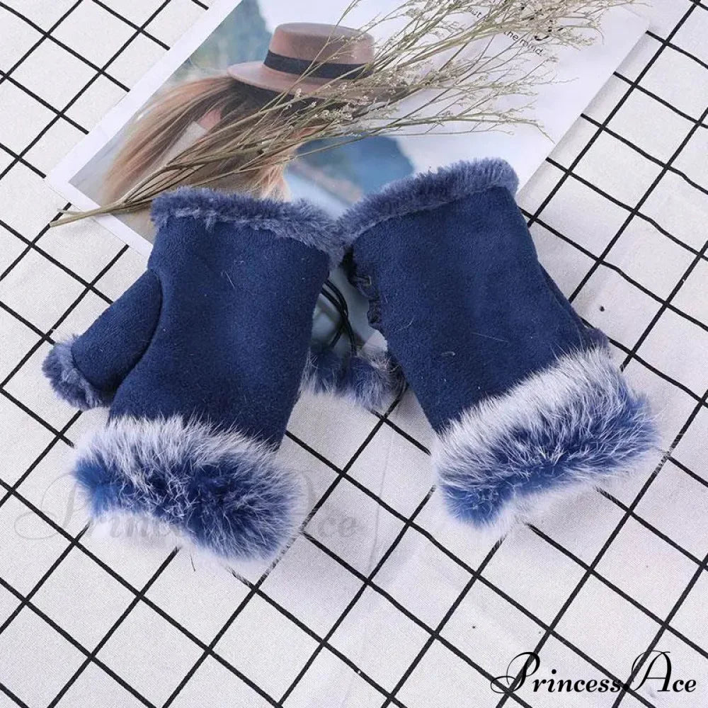 Faux Rabbit Fur Fingerless Winter Warmer Gloves Blue / One Size Gloves-L