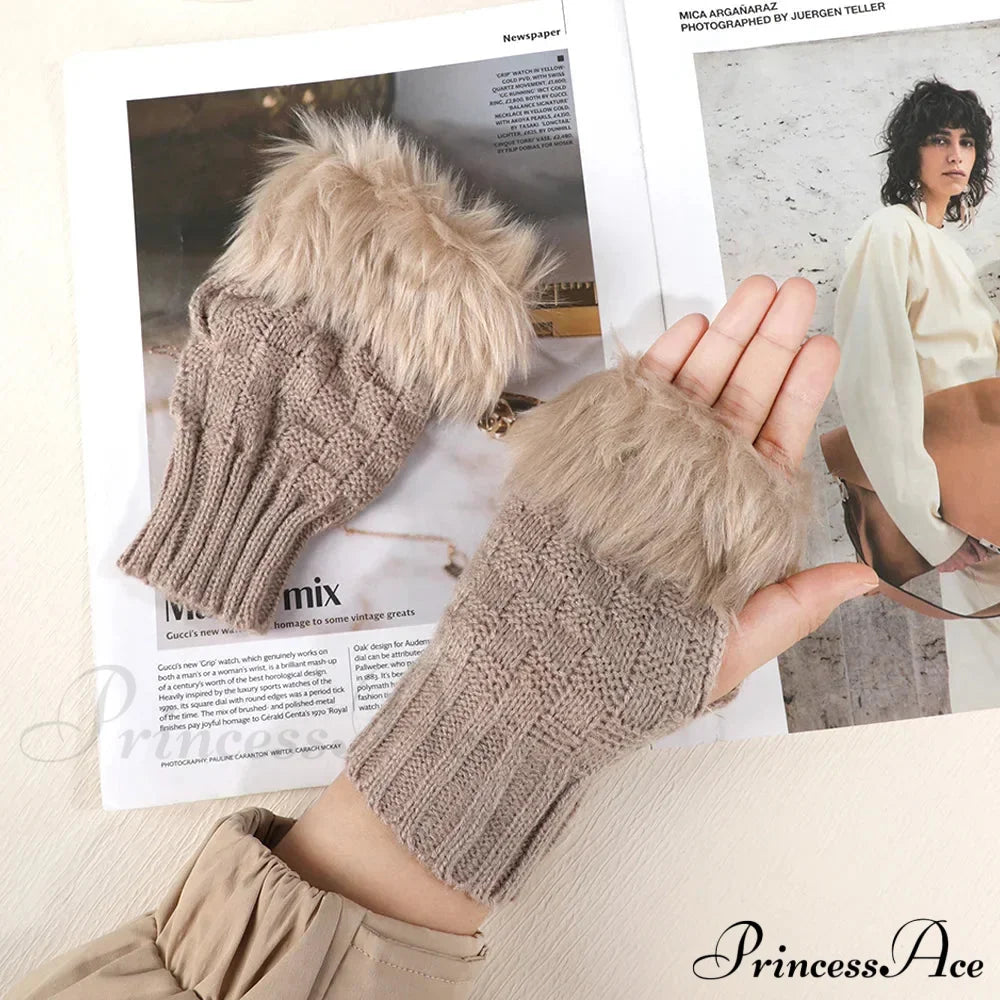 Faux Rabbit Fur Fingerless Winter Warmer Gloves Brown / One Size Gloves-L