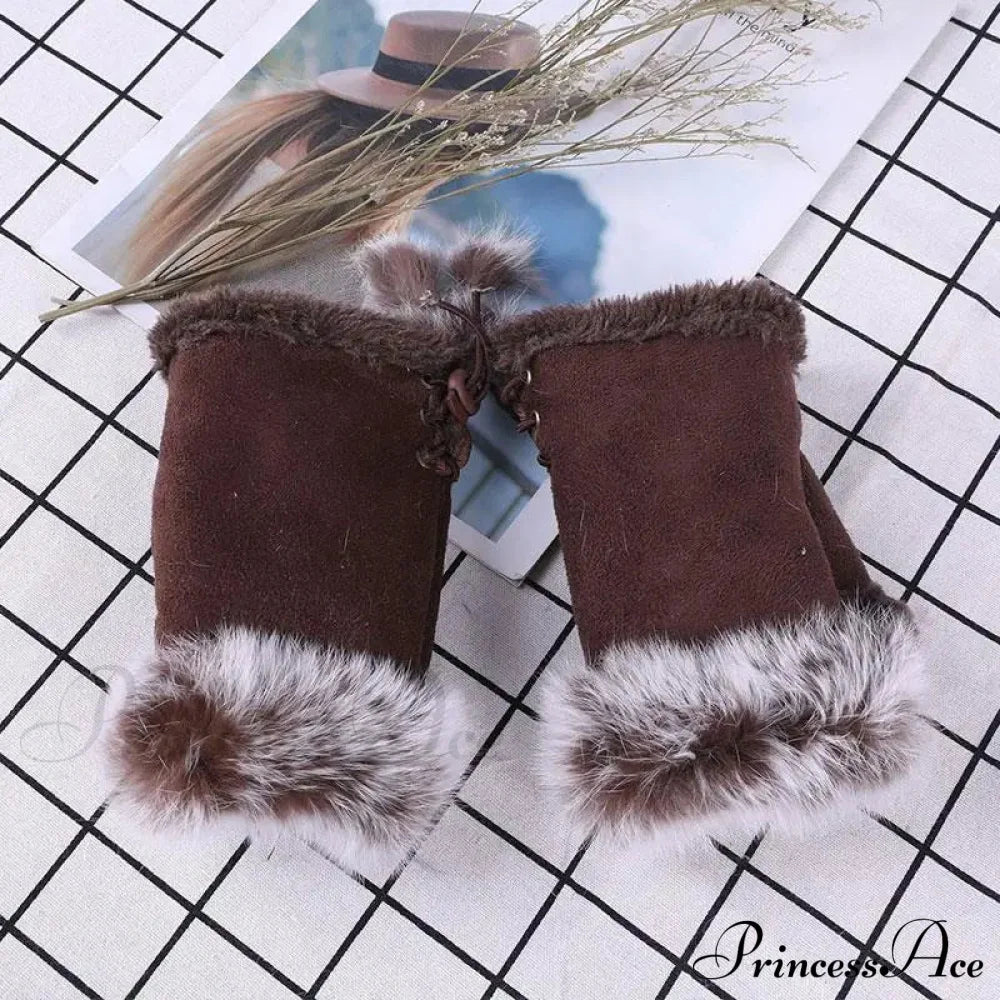 Faux Rabbit Fur Fingerless Winter Warmer Gloves Coffee / One Size Gloves-L