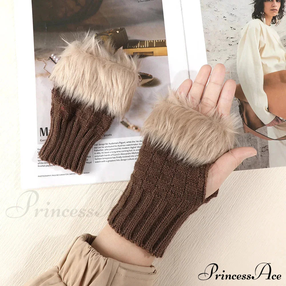 Faux Rabbit Fur Fingerless Winter Warmer Gloves Coffee / One Size Gloves-L