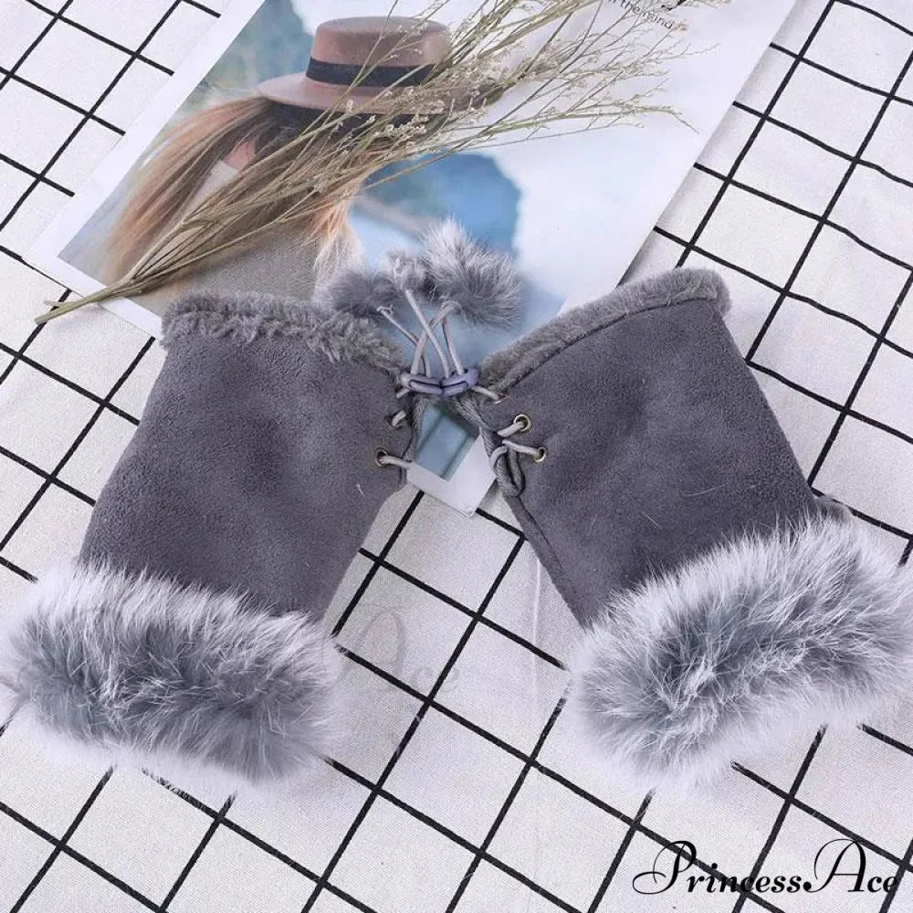 Faux Rabbit Fur Fingerless Winter Warmer Gloves Dark Grey / One Size Gloves-L