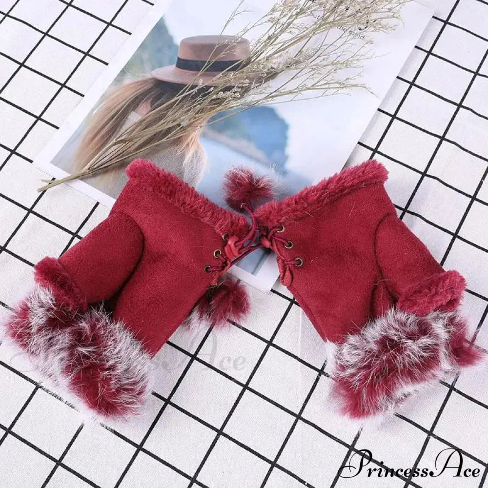 Faux Rabbit Fur Fingerless Winter Warmer Gloves Dark Red / One Size Gloves-L