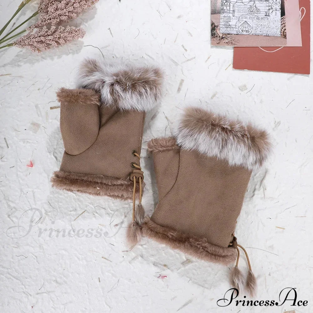 Faux Rabbit Fur Fingerless Winter Warmer Gloves Khaki / One Size Gloves-L