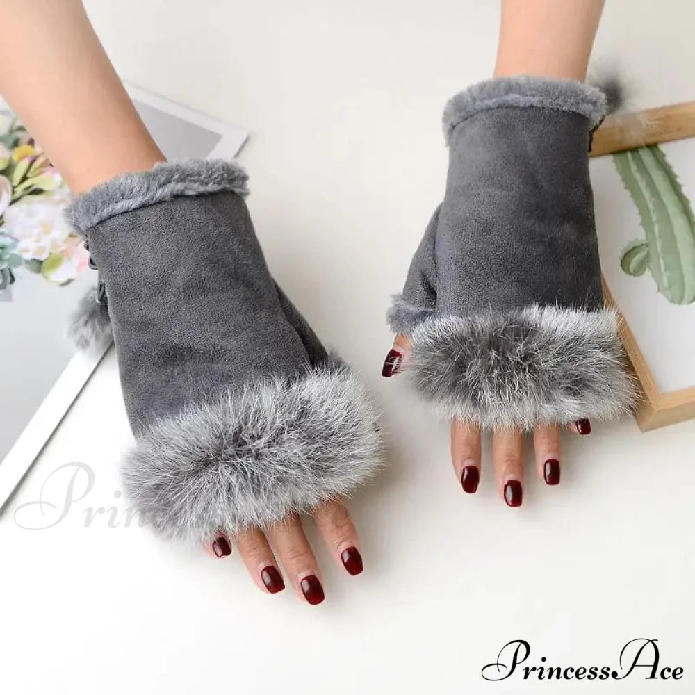 Faux Rabbit Fur Fingerless Winter Warmer Gloves Gloves-L