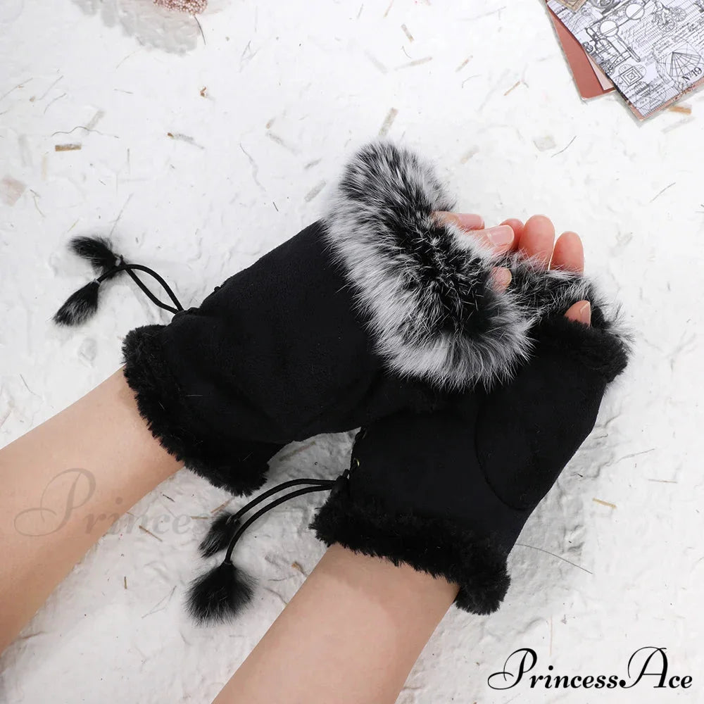 Faux Rabbit Fur Fingerless Winter Warmer Gloves Gloves-L