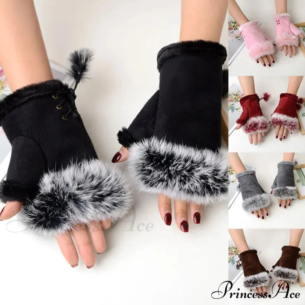 Faux Rabbit Fur Fingerless Winter Warmer Gloves Gloves-L