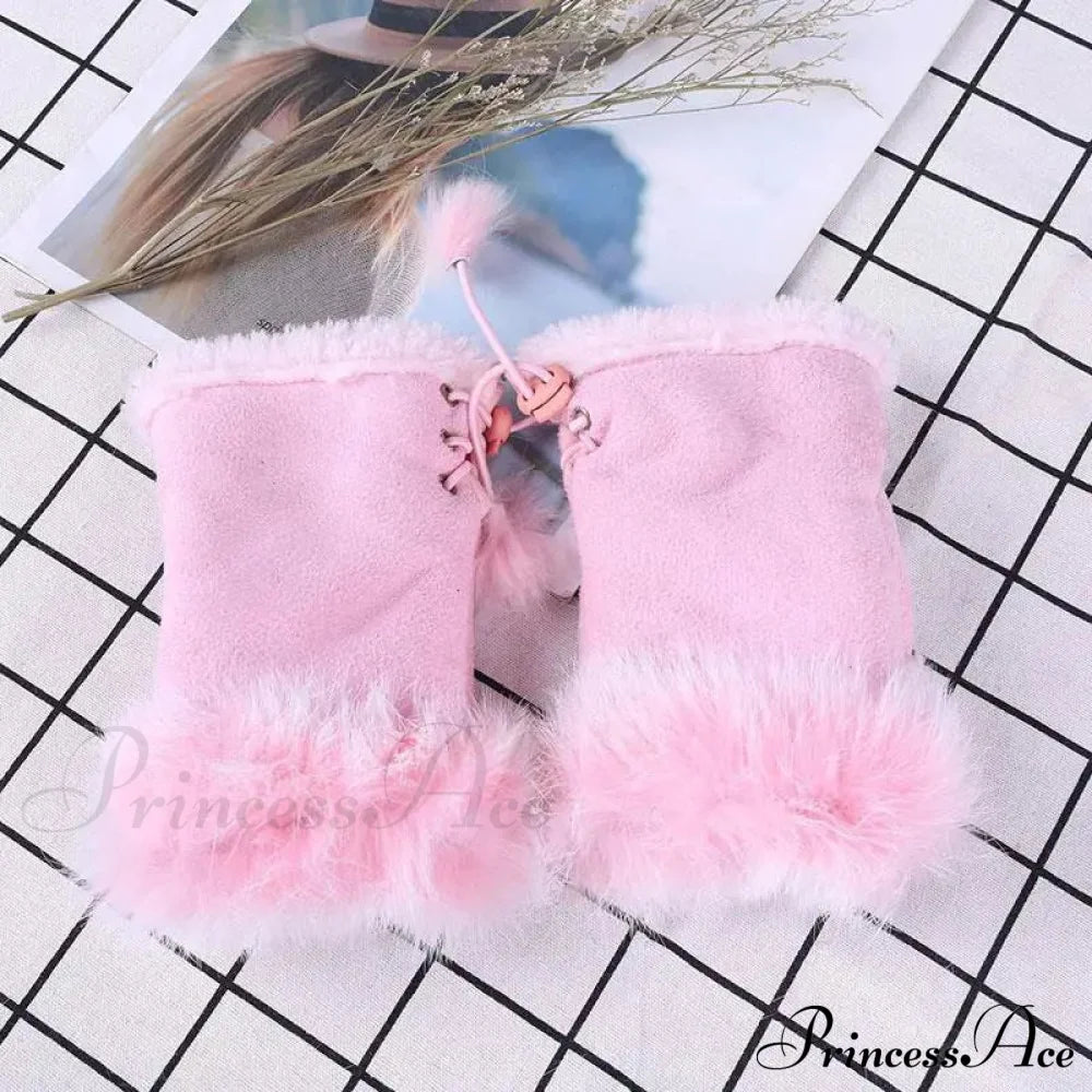 Faux Rabbit Fur Fingerless Winter Warmer Gloves Pink / One Size Gloves-L