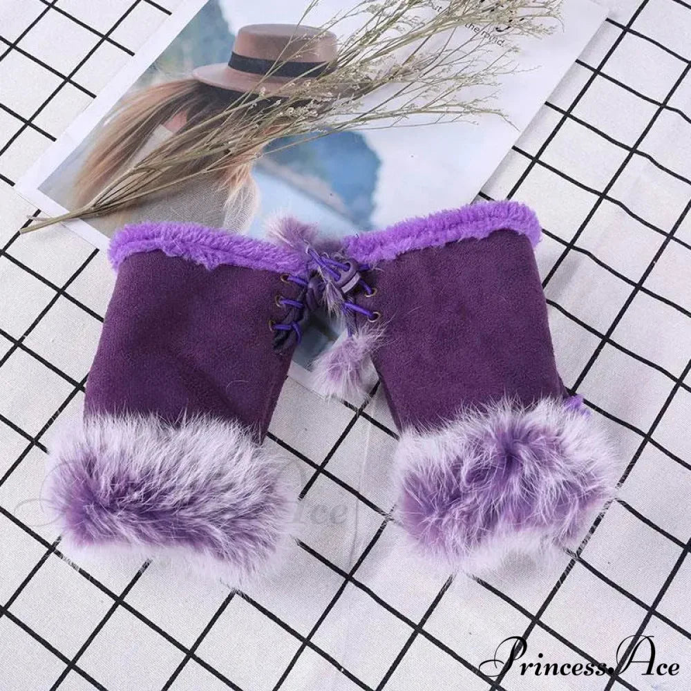 Faux Rabbit Fur Fingerless Winter Warmer Gloves Purple / One Size Gloves-L