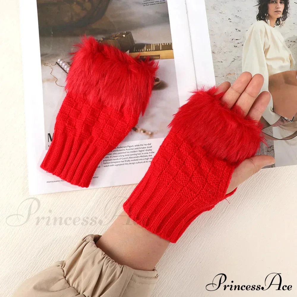 Faux Rabbit Fur Fingerless Winter Warmer Gloves Red / One Size Gloves-L