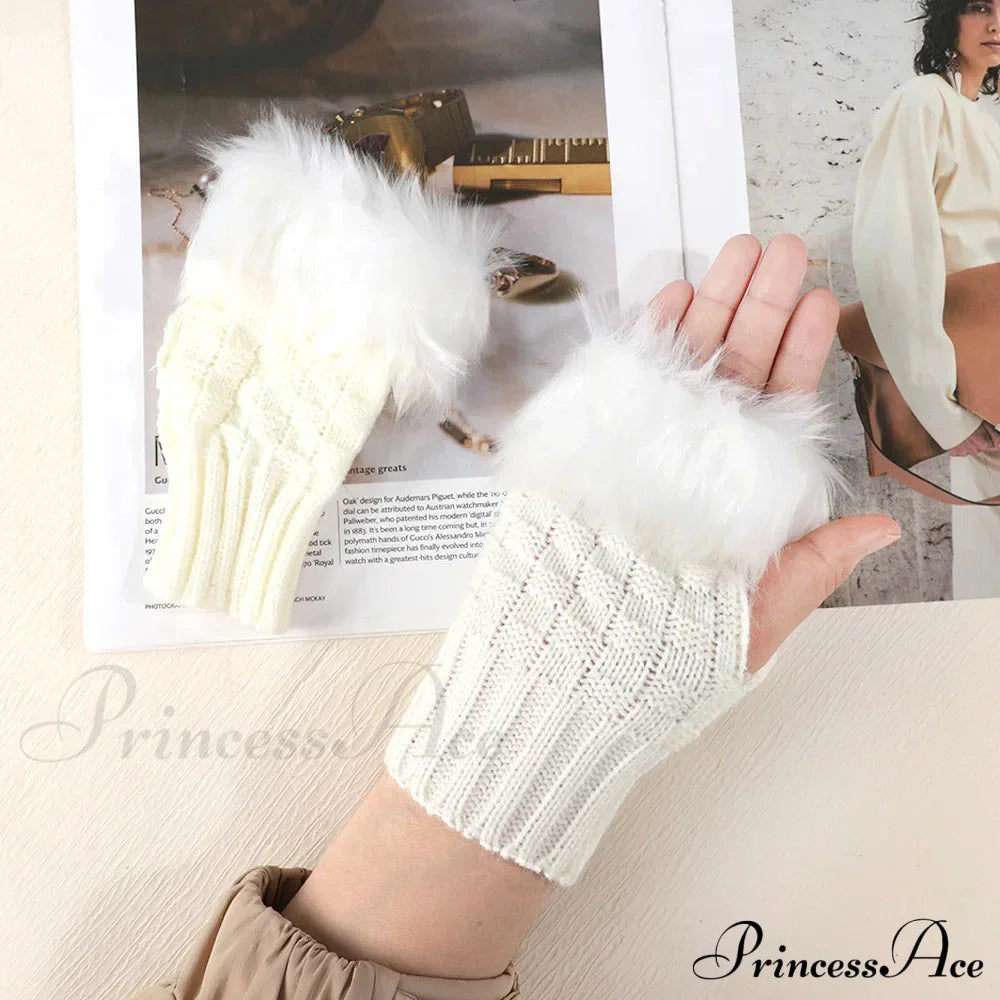 Faux Rabbit Fur Fingerless Winter Warmer Gloves White 2 / One Size Gloves-L