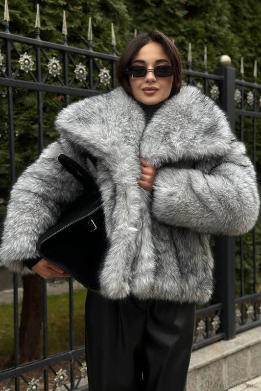 Faux Silver Fox Fur Chic Short Lazy Coat Grey / XS