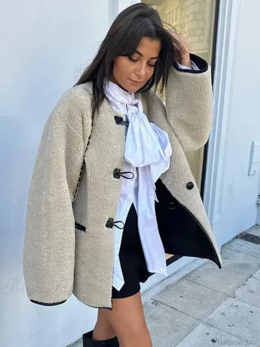 Faux Wool Loose Retro O-neck Overcoat Khaki jacket / XS