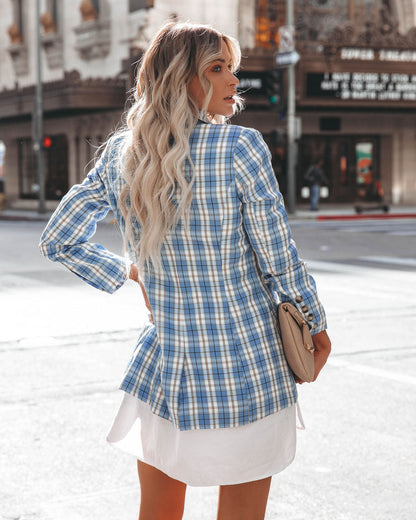 Fava Plaid Blazer with Pockets - Blue