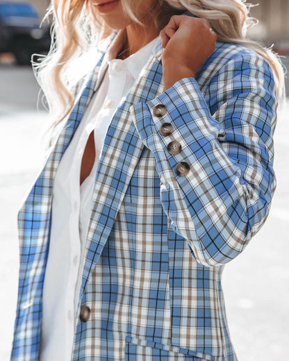 Fava Plaid Blazer with Pockets - Blue