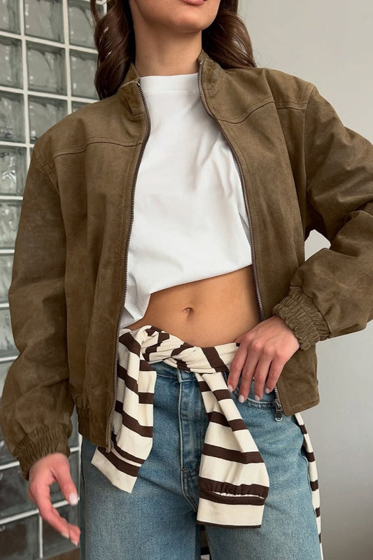 Brown Faux Suede Stand Collar Bomber Jacket