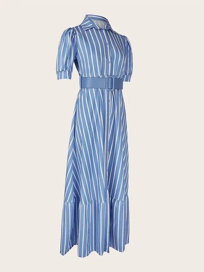 V-Neck Striped Lace Up Long Dress